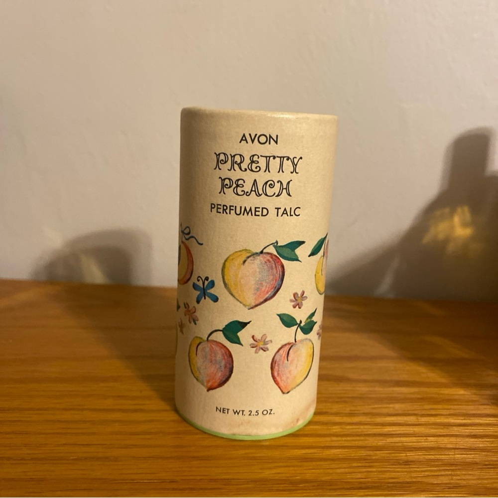 Vintage Avon Pretty Peach Talc Canister - Peach, Green, Blue Accents